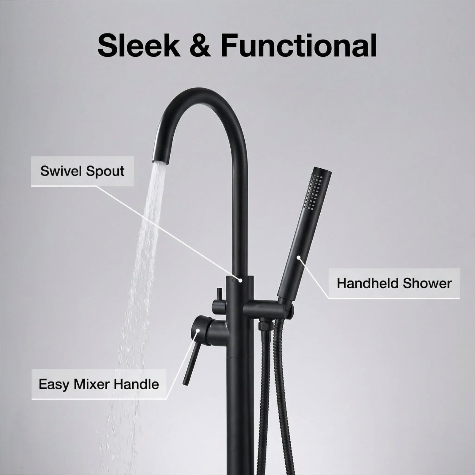 LIFERECORD Floor Mount Freestanding Tub Faucet, Solid Brass Stand Alone Bathtub Filler with 2-Function Hand Shower, 360° Swivel Spout, Rough-In Valve, Anti-Wobble Base, High Flow Mixer Tap