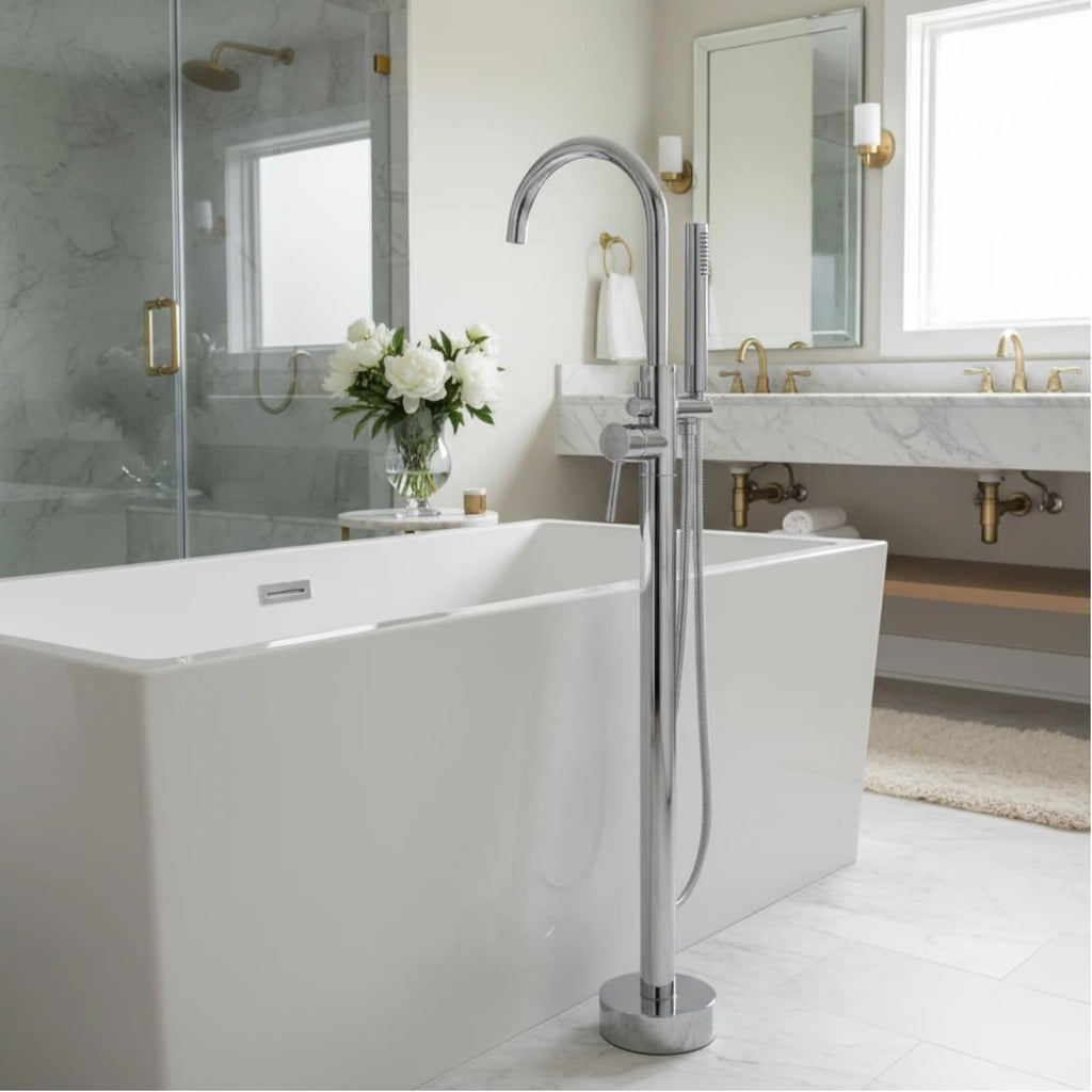 LIFERECORD Floor Mount Freestanding Tub Faucet, Solid Brass Stand Alone Bathtub Filler with 2-Function Hand Shower, 360° Swivel Spout, Rough-In Valve, Anti-Wobble Base, High Flow Mixer Tap