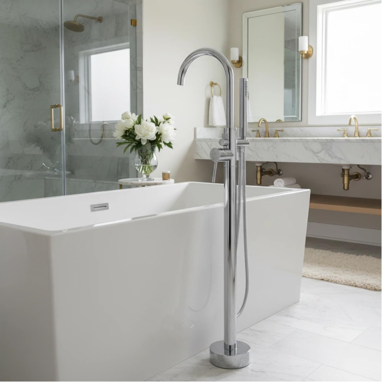 LIFERECORD Floor Mount Freestanding Tub Faucet, Solid Brass Stand Alone Bathtub Filler with 2-Function Hand Shower, 360° Swivel Spout, Rough-In Valve, Anti-Wobble Base, High Flow Mixer Tap