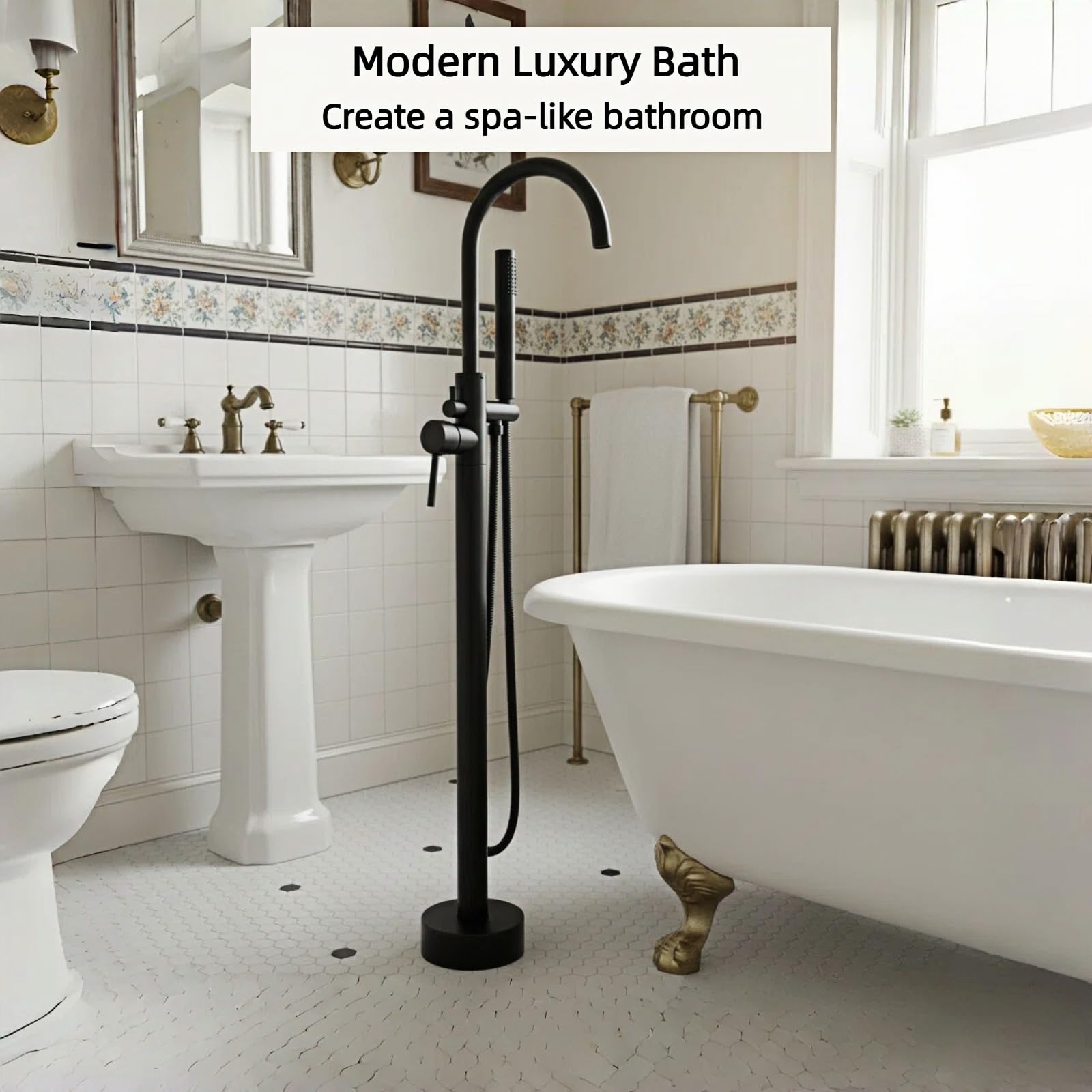 LIFERECORD Floor Mount Freestanding Tub Faucet, Solid Brass Stand Alone Bathtub Filler with 2-Function Hand Shower, 360° Swivel Spout, Rough-In Valve, Anti-Wobble Base, High Flow Mixer Tap