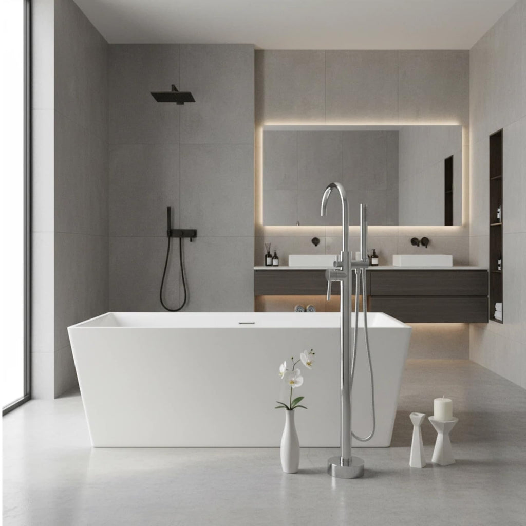LIFERECORD Floor Mount Freestanding Tub Faucet, Solid Brass Stand Alone Bathtub Filler with 2-Function Hand Shower, 360° Swivel Spout, Rough-In Valve, Anti-Wobble Base, High Flow Mixer Tap