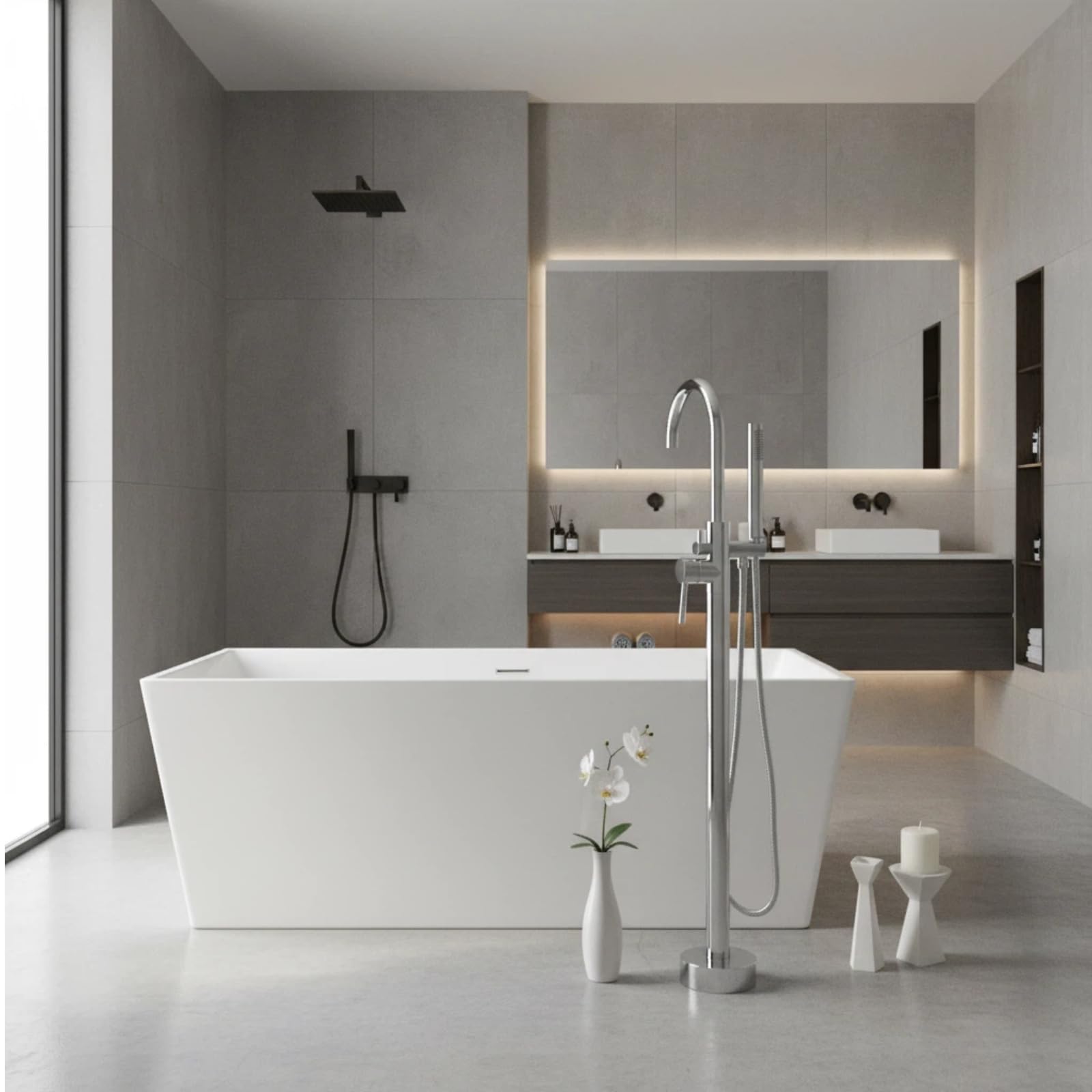 LIFERECORD Floor Mount Freestanding Tub Faucet, Solid Brass Stand Alone Bathtub Filler with 2-Function Hand Shower, 360° Swivel Spout, Rough-In Valve, Anti-Wobble Base, High Flow Mixer Tap