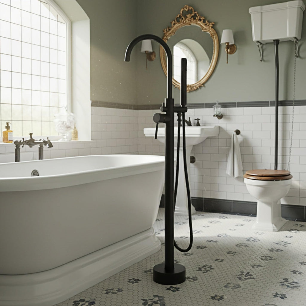 LIFERECORD Floor Mount Freestanding Tub Faucet, Solid Brass Stand Alone Bathtub Filler with 2-Function Hand Shower, 360° Swivel Spout, Rough-In Valve, Anti-Wobble Base, High Flow Mixer Tap