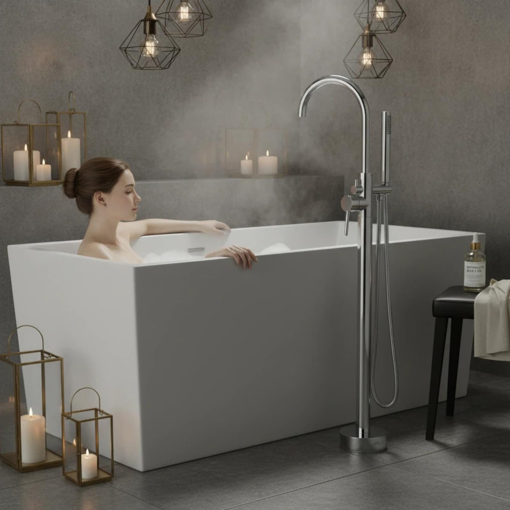 LIFERECORD Floor Mount Freestanding Tub Faucet, Solid Brass Stand Alone Bathtub Filler with 2-Function Hand Shower, 360° Swivel Spout, Rough-In Valve, Anti-Wobble Base, High Flow Mixer Tap