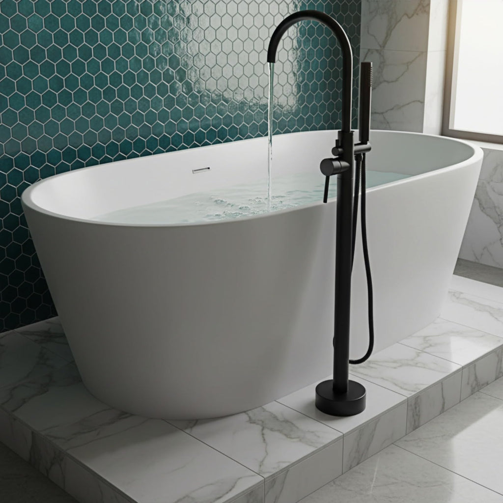 LIFERECORD Floor Mount Freestanding Tub Faucet, Solid Brass Stand Alone Bathtub Filler with 2-Function Hand Shower, 360° Swivel Spout, Rough-In Valve, Anti-Wobble Base, High Flow Mixer Tap