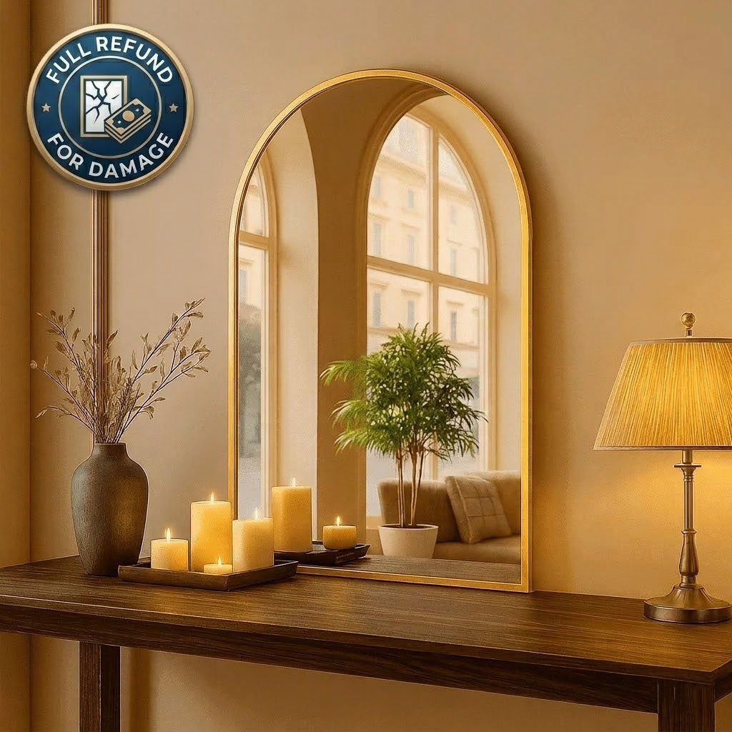 LIFERECORD 26" x 38" Metal Frame Arched Bathroom Mirror, Gold