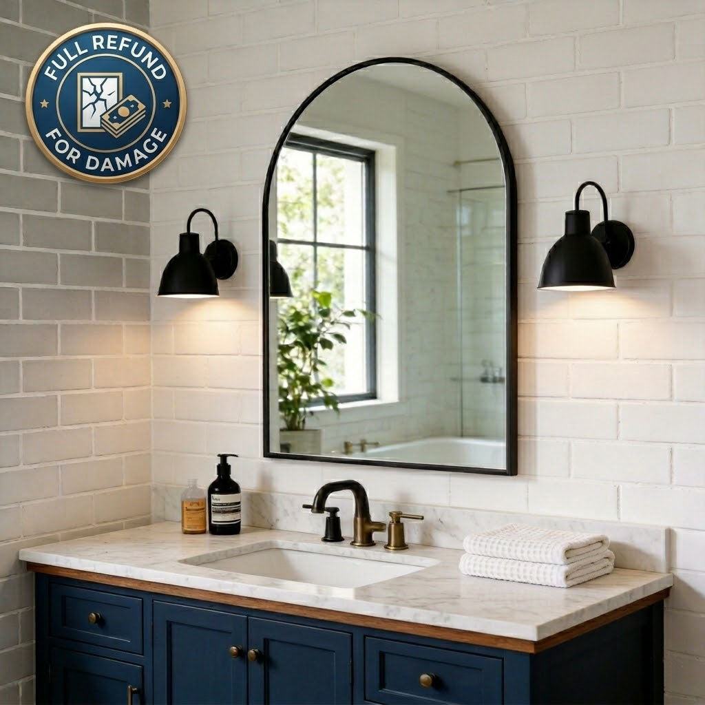 LIFERECORD 26"x38" Metal Frame Arched Bathroom Mirror, Black