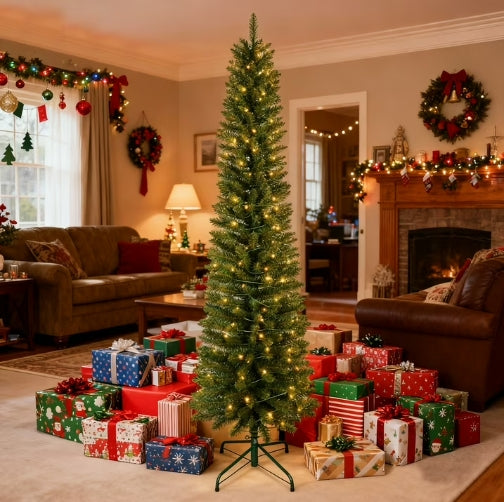 LIFERECORD 6ft Prelit Artificial Hinged Slim Pencil Christmas Tree with 250 Lights, 571 Full Branch Tips, 8 Warm Lingting Motes Perfect Decoration for Xmas Holiday, Green