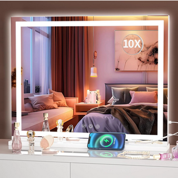 LIFERECORD Lighted Makeup Mirror, 17"*13" Vanity Mirror with LED, 10X Magnification, 3 Lighting Modes, Dimmable Touch Control, USB Charging Port for Desk, Dorm, Bedroom