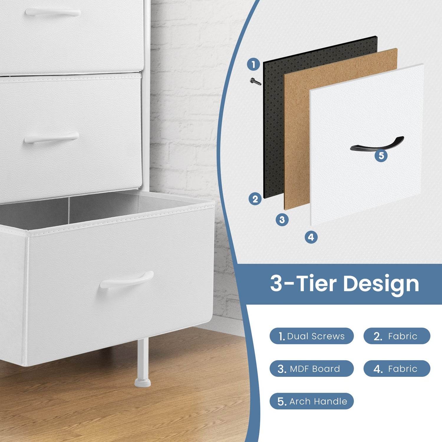 My Depot Bedroom Dresser with 6 Fabric Drawers 
White
SPMD-CAB-6BC-WT
3-Tier Design