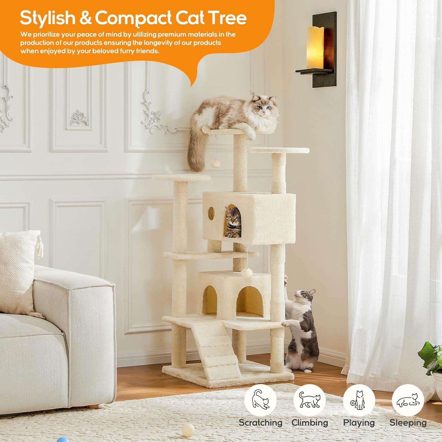 Cat Climbing Frame 54 Inch Cat Tower for Indoor Cats with Scratching Post, Cat Playhouse, Large Cat Condo