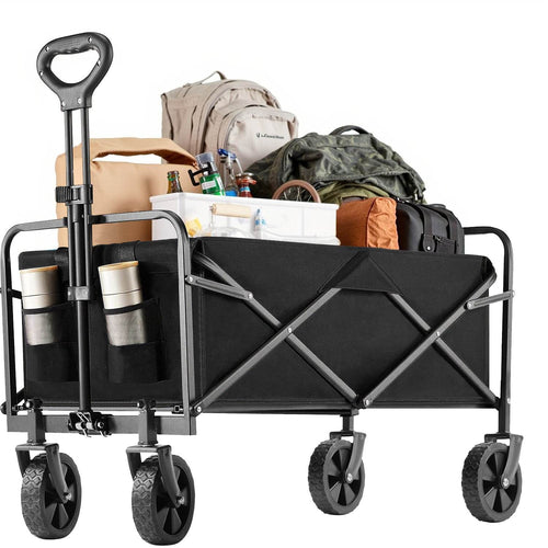 Collapsible Foldable Wagon Cart, Large Capacity Garden Beach Cart with All-Terrain Wheels, Heavy Duty Utility Grocery Wagon with Drink Holders for Shopping Sports Camping