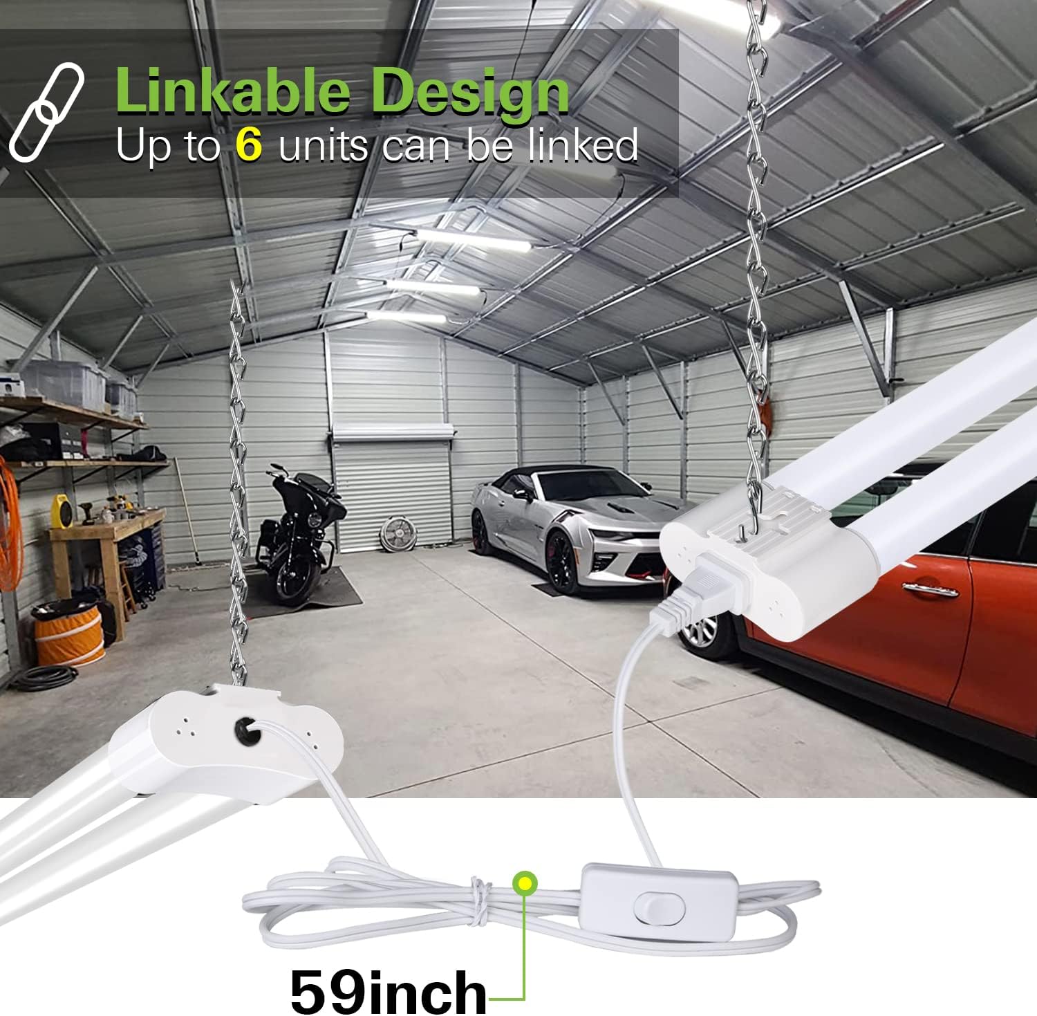 LED lamp with Power Cord and On/Off Switch 4 Pack 4FT LED Shop Light Linkable, 4400lm, 42w(250w Equivalent), 5000K Utility Shop Lights, Hanging or Flush Mount