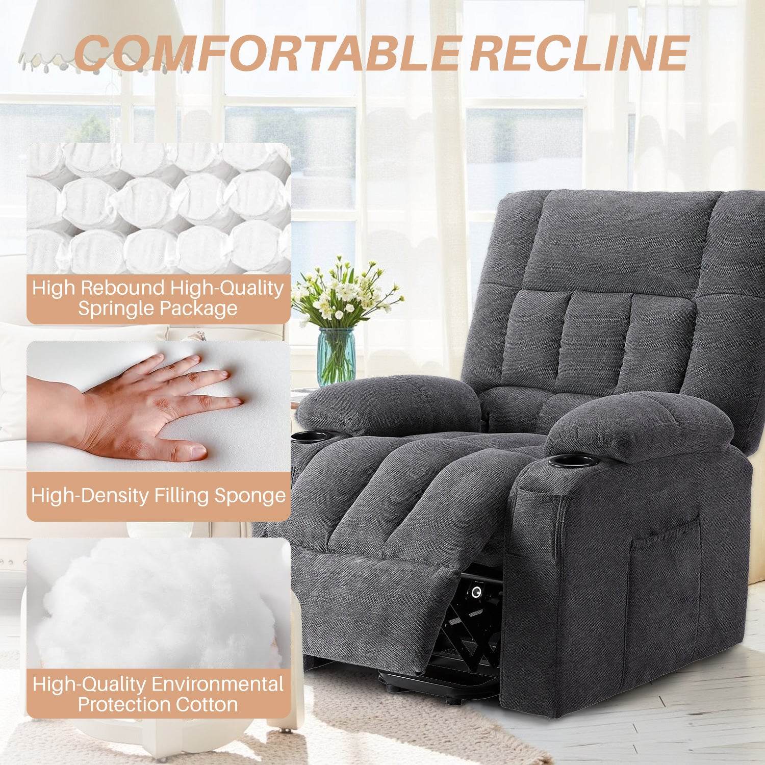 Recliner Vibration Massage Home Theater Seat with Lumbar Support and Heating, Adjustable Electric Lift Chair for Living Room