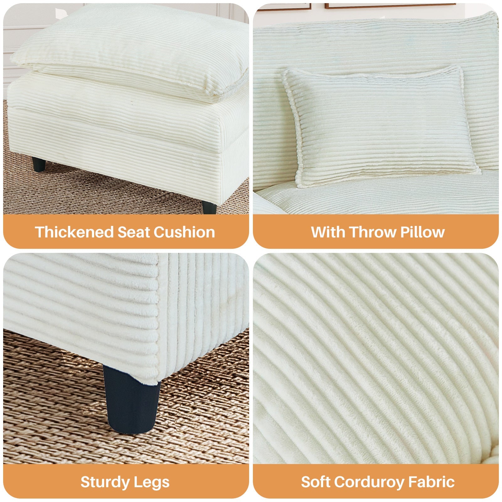 Sectional Sofa Comfortable Cloud Couch with Ottoman, Corduroy Sofa Sleeper Deep Seat Sofa with Throw Pillows for Living Room