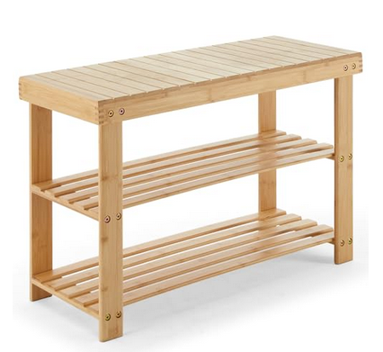 LIFERECORD Shoe Rack Bench, 3-Tier Bamboo Shoe Storage Organizer, Entryway Bench, Holds Up to 300 lb, 27.6*11.2*17.9 Inches, for Entryway Bathroom Bedroom-natural wood color