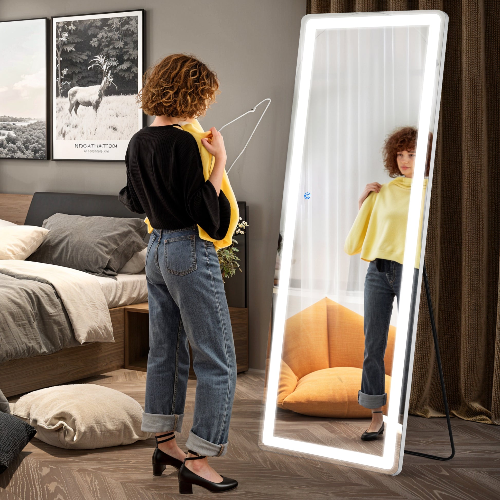 ACCVER 16"x60" Full Length Standing Mirror w/LED Lights - 3 Color Modes, Durable Aluminum Frame & Tempered Glass, Lean-to or Wall Mount for Bedroom/Dressing Room/Living Room, Rectangle