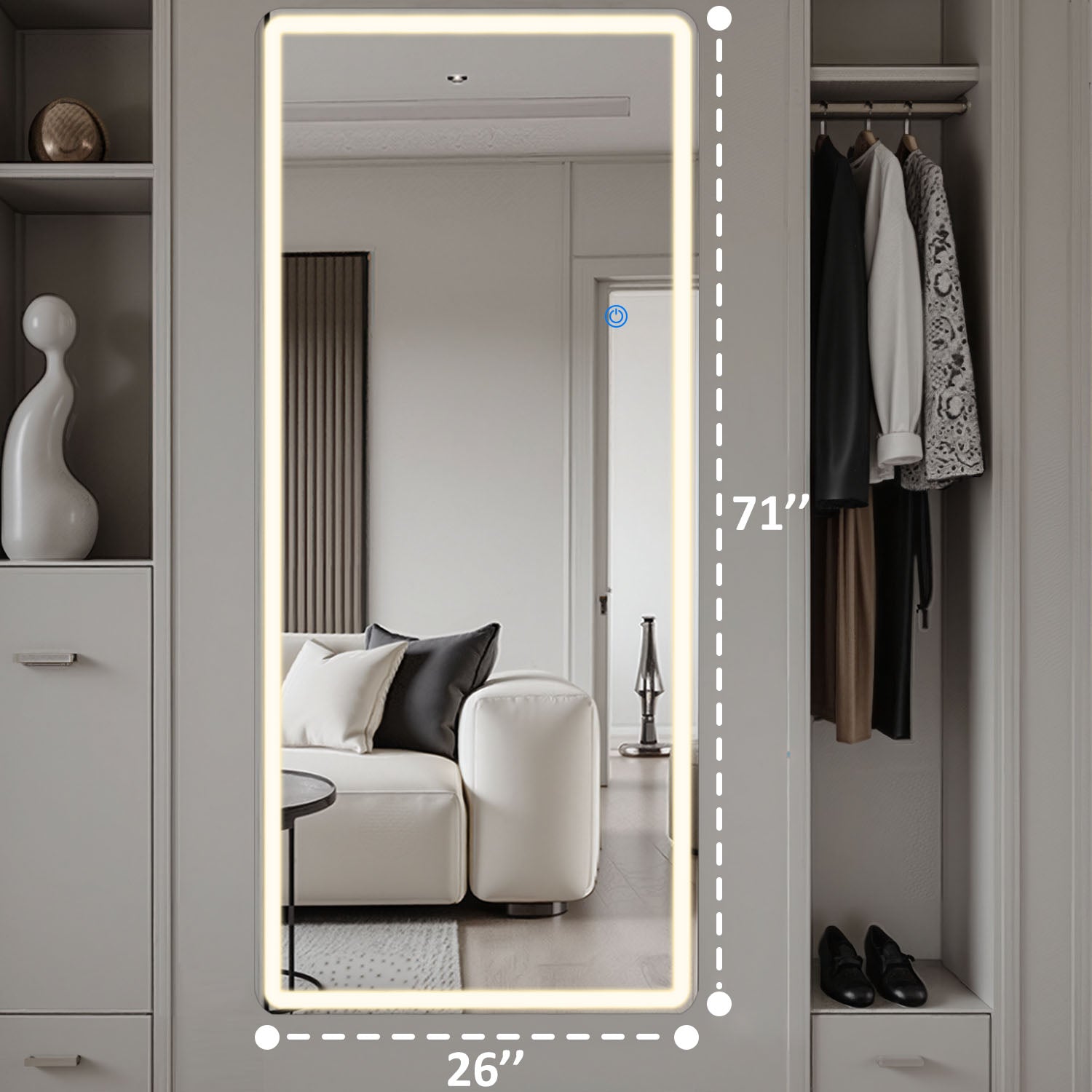 ACCVER 26"x71" Full Length Standing Mirror w/LED Lights - 3 Color Modes, Durable Tempered Glass, Lean-to or Wall Mount for Bedroom/Dressing Room/Living Room, Rectangle