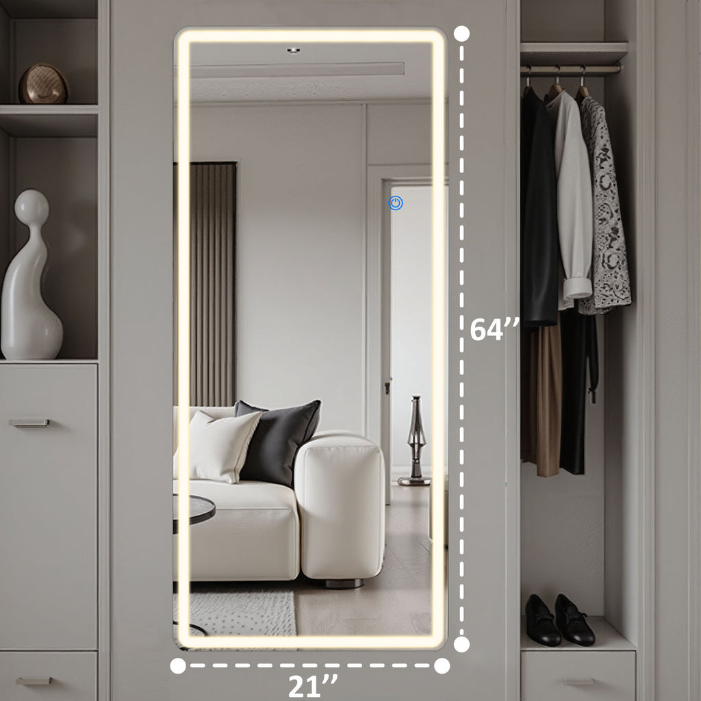 ACCVER 21"x64" Full Length Standing Mirror w/LED Lights - 3 Color Modes, Durable Tempered Glass, Lean-to or Wall Mount for Bedroom/Dressing Room/Living Room, Rectangle