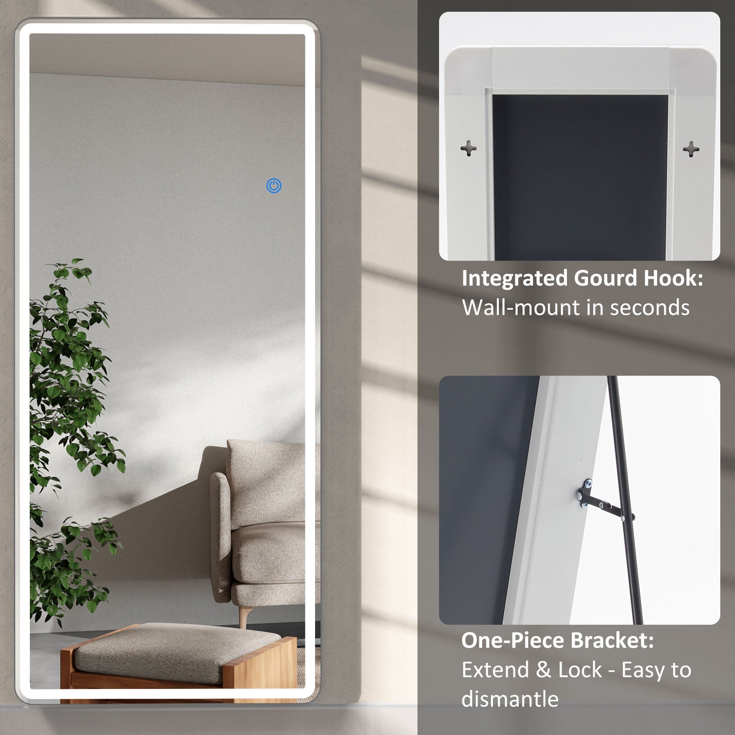 ACCVER 21"x64" Full Length Standing Mirror w/LED Lights - 3 Color Modes, Durable Tempered Glass, Lean-to or Wall Mount for Bedroom/Dressing Room/Living Room, Rectangle